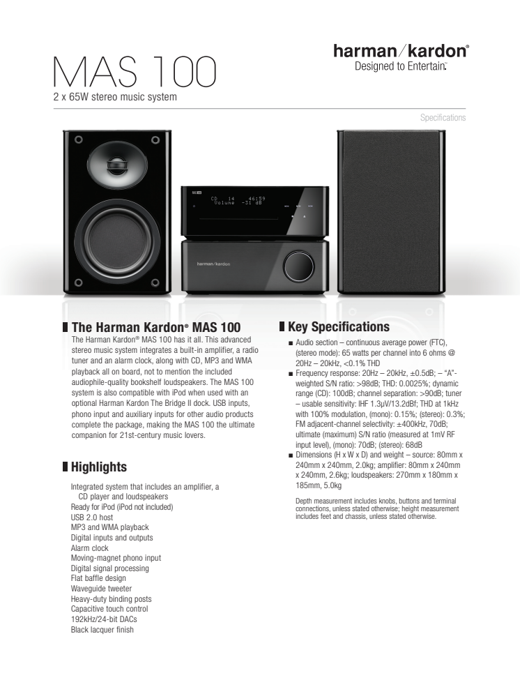 harman kardon MAS 100 specifikationsblad ENG