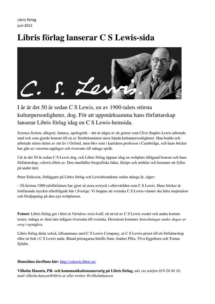 Libris förlag lanserar C S Lewis-sida