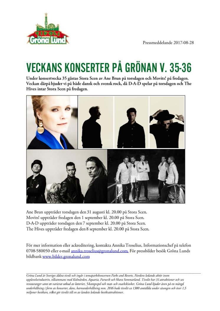 Veckans konserter på Grönan V. 35-36