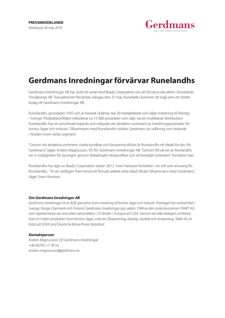 Gerdmans Inredningar förvärvar Runelandhs