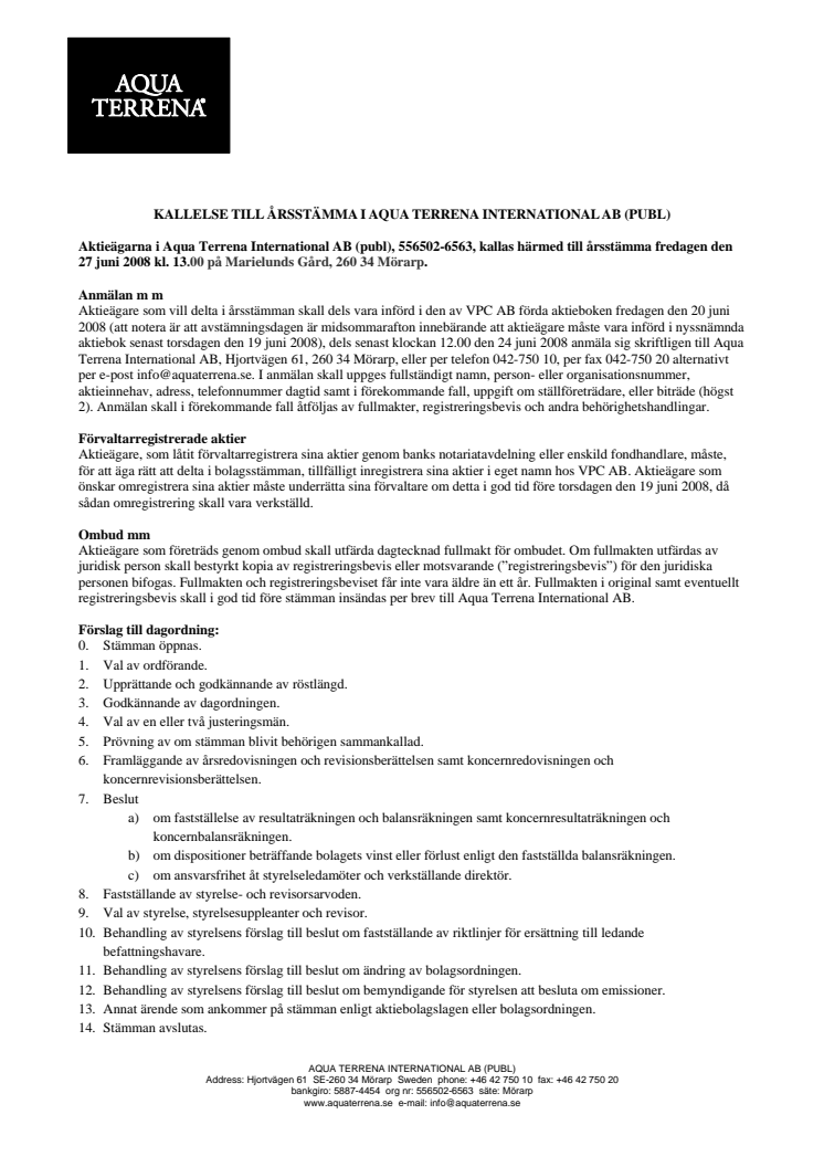 Kallelse till Årsstämma 27 juni 2008