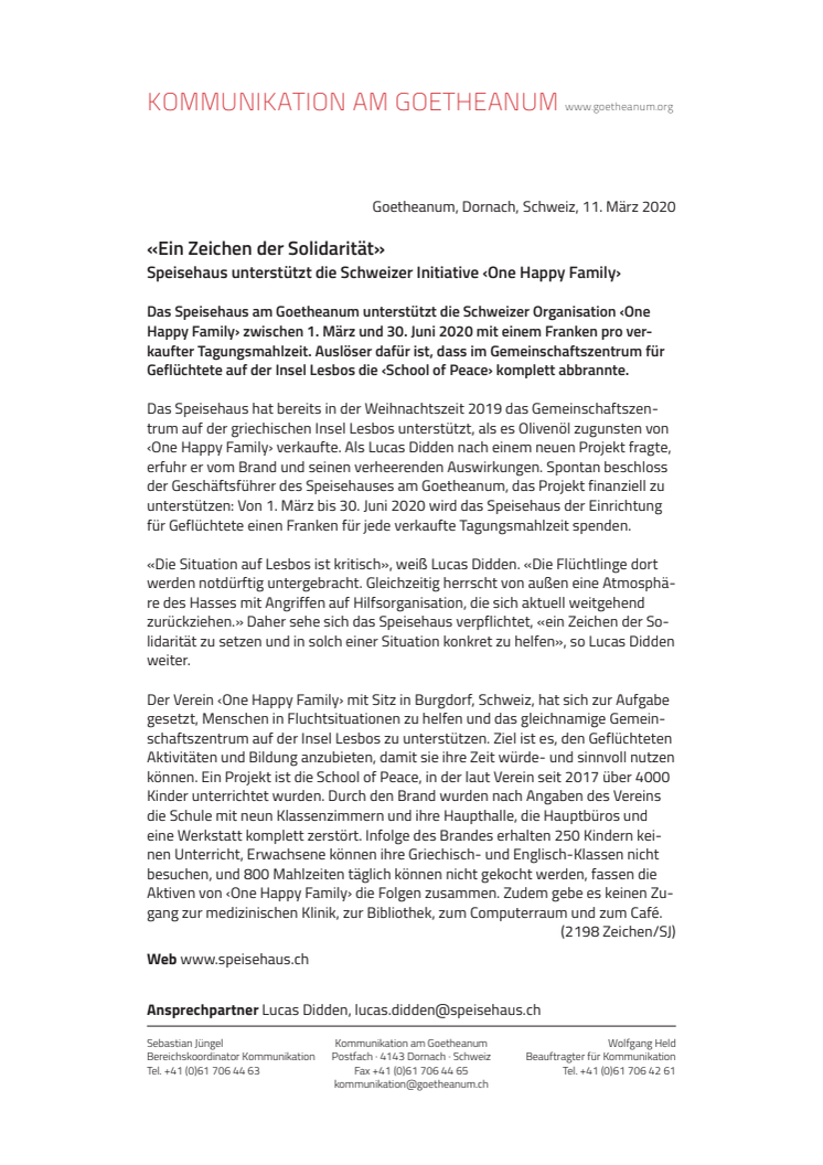«Ein Zeichen der Solidarität». Speisehaus am Goetheanum unterstützt die Schweizer Initiative ‹One Happy Family›