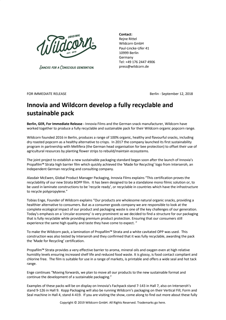 Innovia and Wildcorn develop a fully recyclable and sustainable pack  