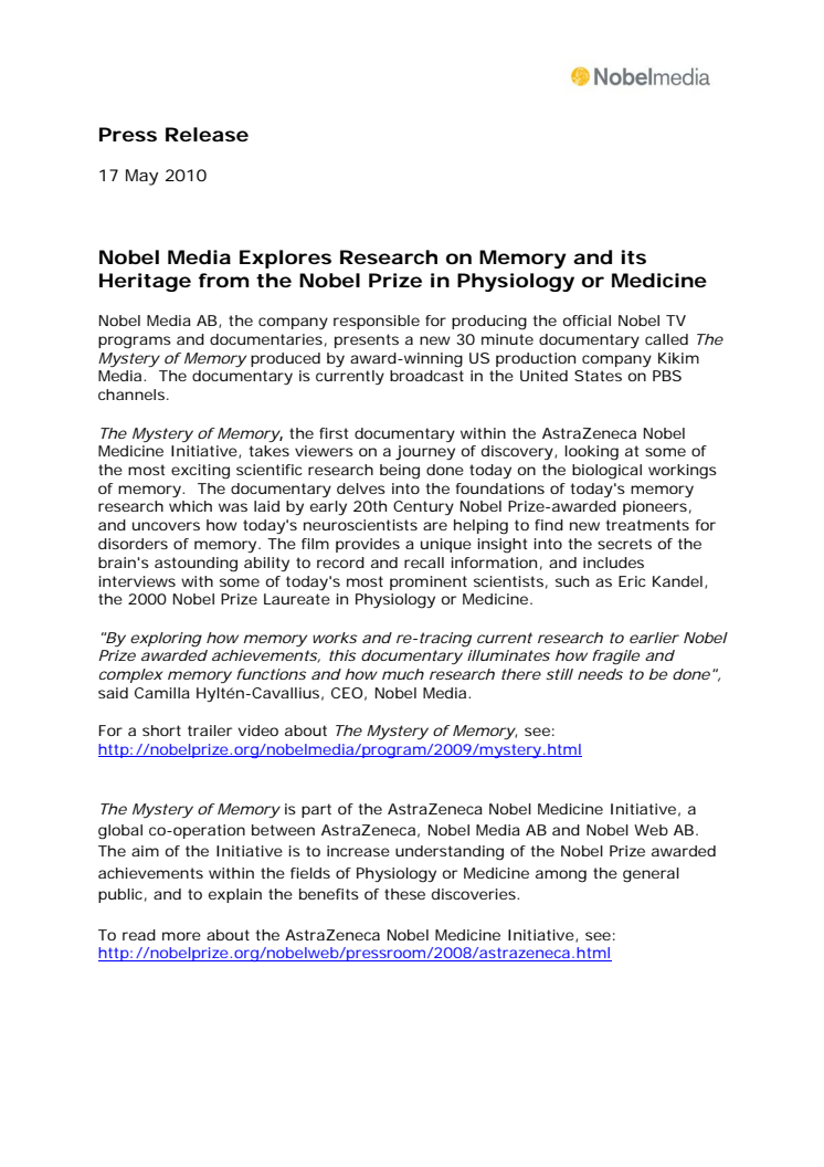 Nobel Media Explores Research on Memory and its Heritage from the Nobel Prize in Physiology or Medicine