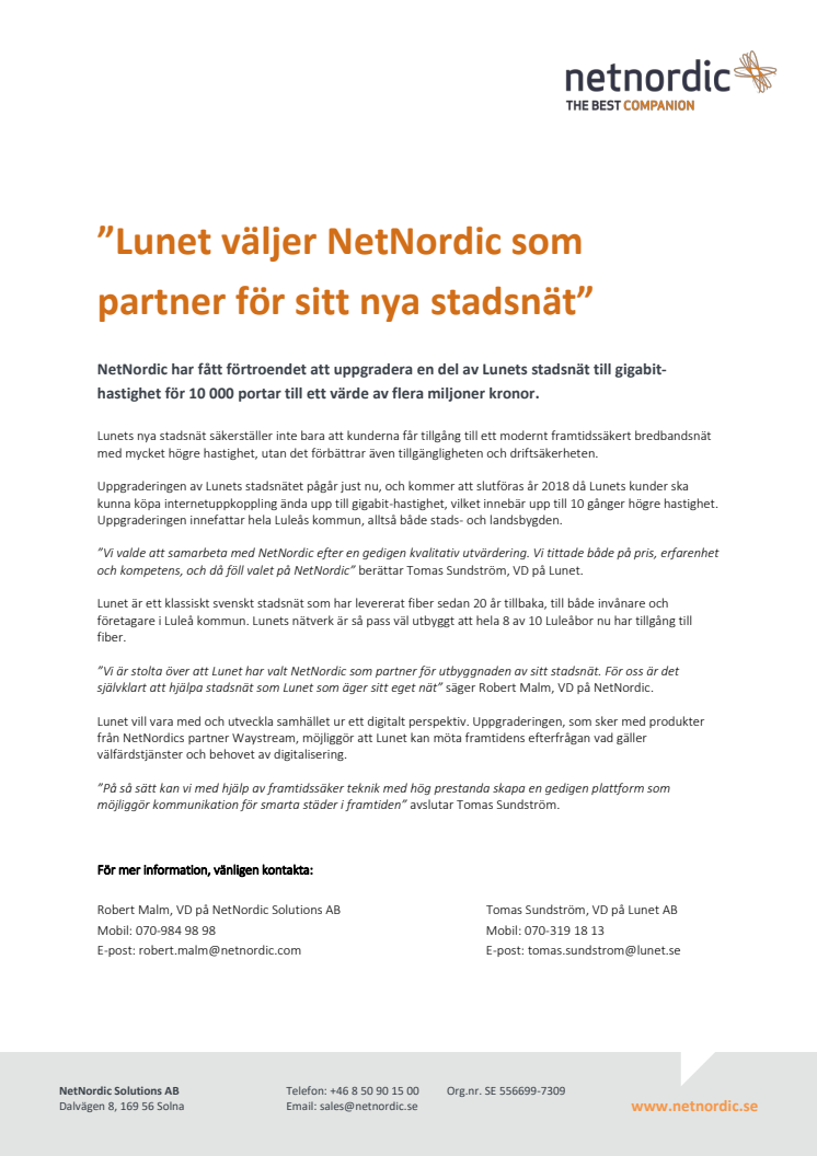 Lunet väljer NetNordic som partner för sitt nya stadsnät