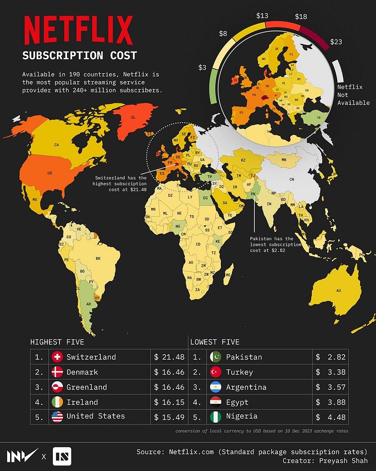 Mapped: How Much Netflix Costs in Every Country