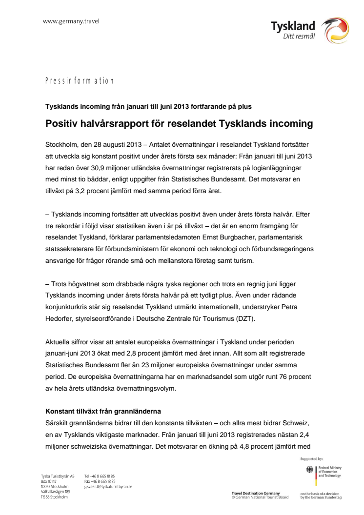 Positiv halvårsrapport för reselandet Tysklands incoming