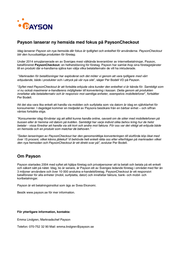 Payson lanserar ny hemsida med fokus på PaysonCheckout