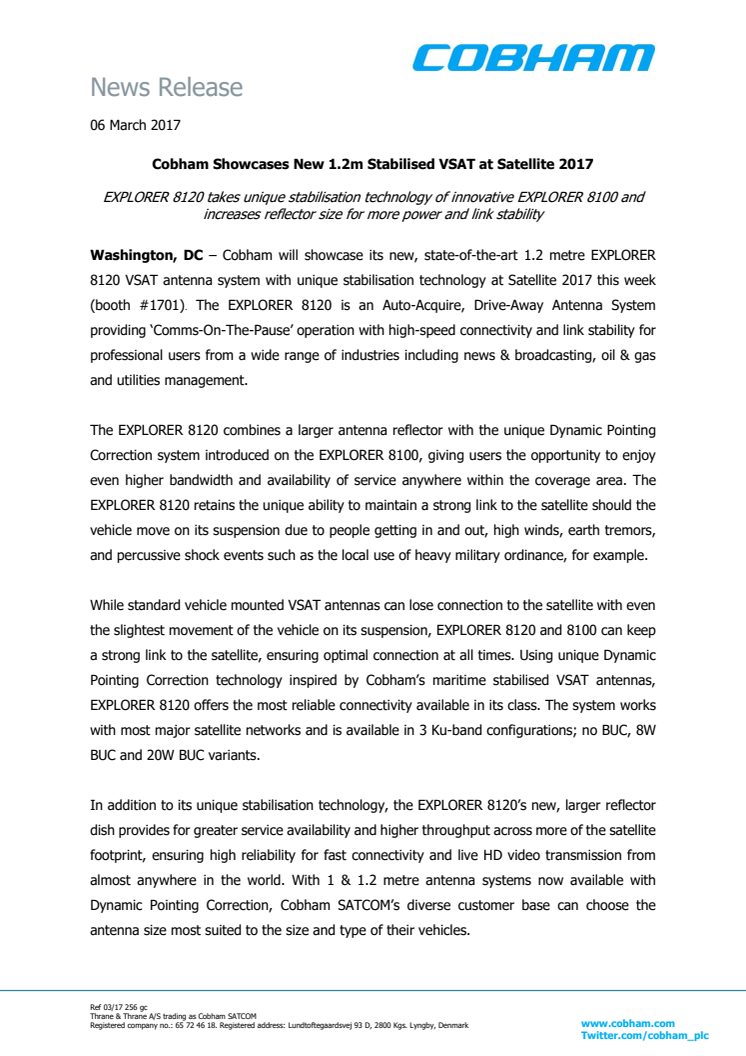 Cobham SATCOM - Satellite 2017: Cobham Showcases New 1.2m Stabilised VSAT at Satellite 2017