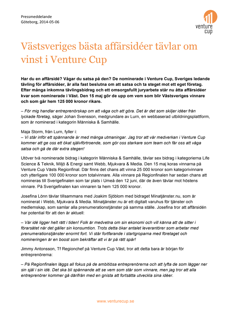 Västsveriges bästa affärsidéer tävlar om vinst i Venture Cup