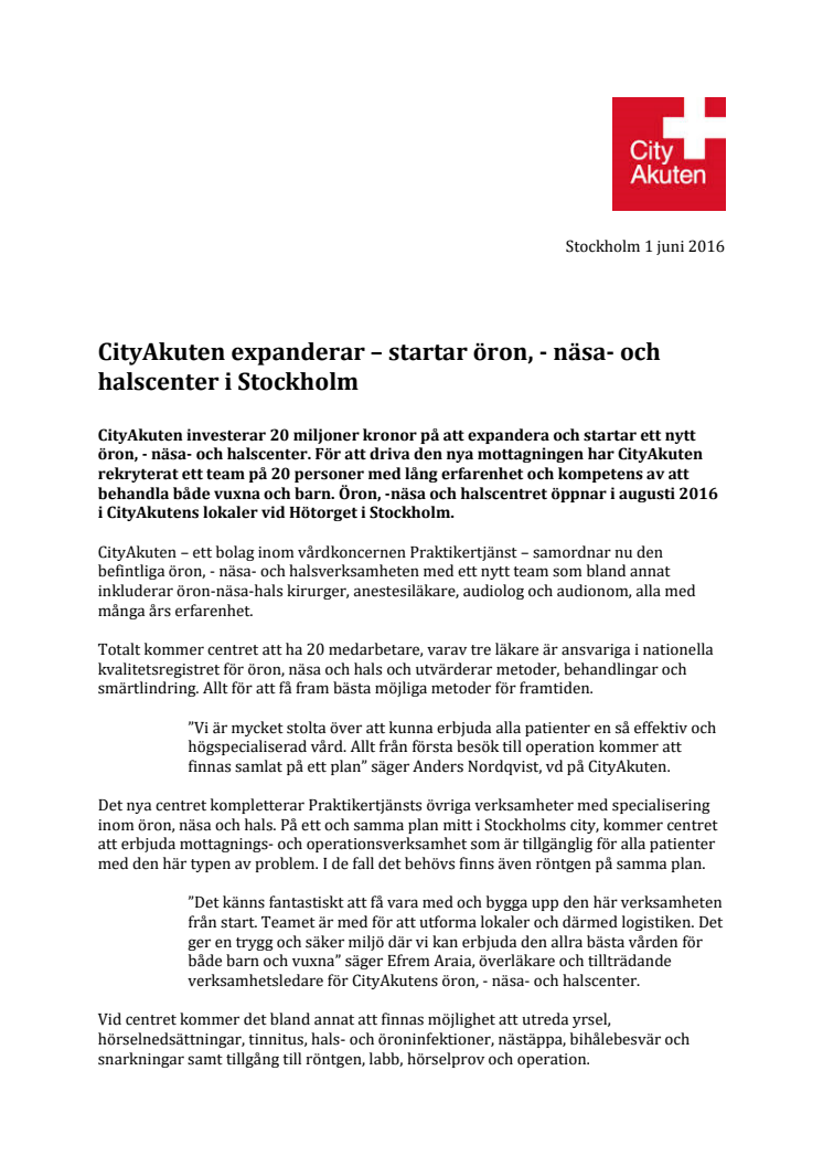 CityAkuten expanderar – startar öron, - näsa- och halscenter i Stockholm