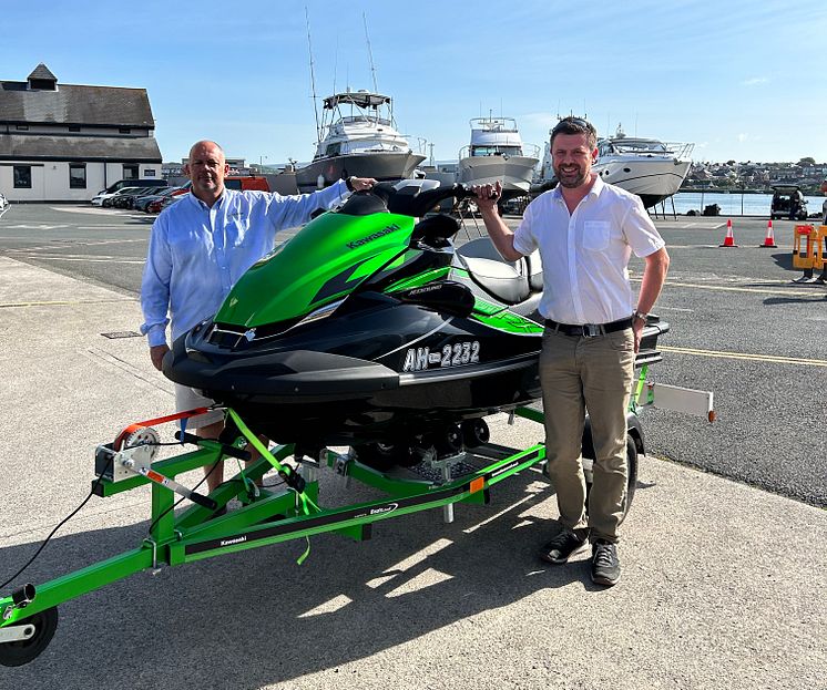 (From left) Alan Johnson, MD Aquamare, and Tom Pringle, Kawasaki Watercraft UK, at Aquamare