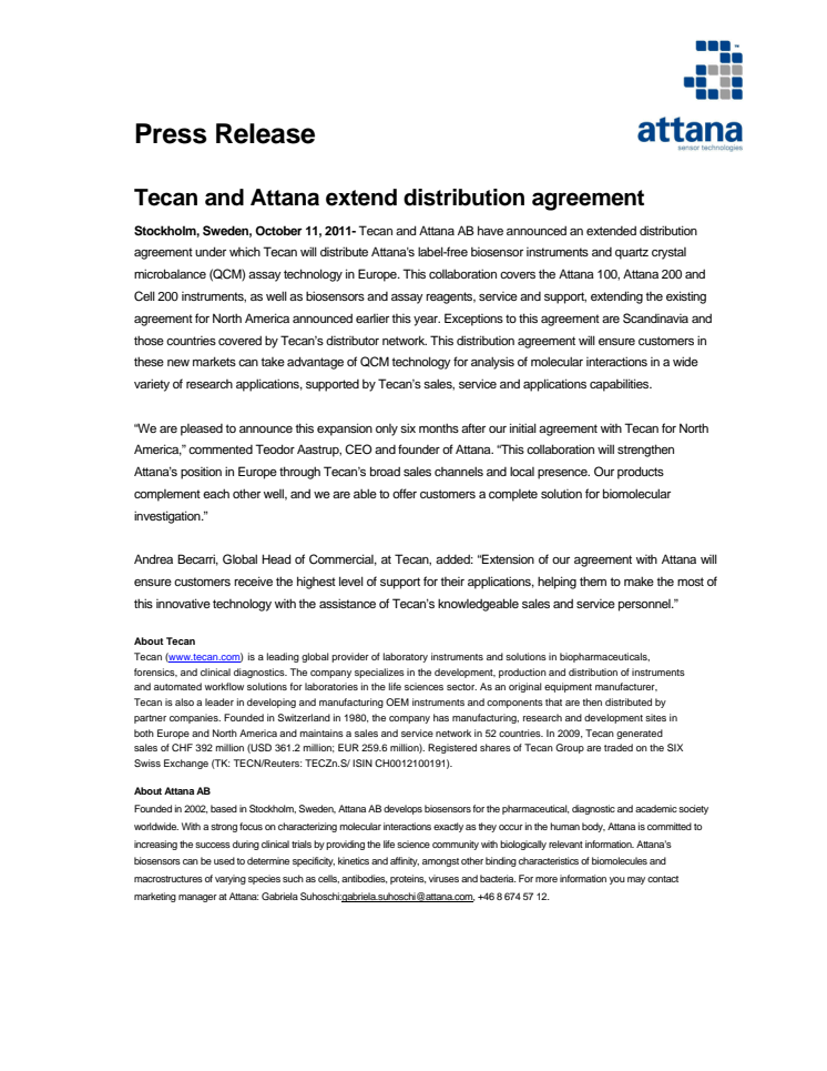 Tecan and Attana extend distribution agreement