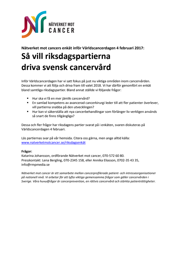 Nätverket mot cancers enkät inför Världscancerdagen 4 februari 2017: Så vill riksdagspartierna driva svensk cancervård