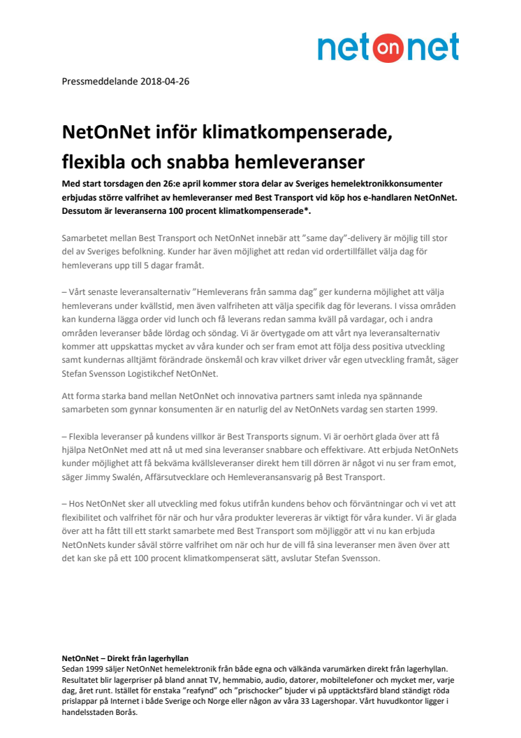 NetOnNet inför klimatkompenserade, flexibla och snabba hemleveranser 