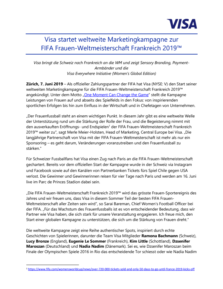 Visa startet weltweite Marketingkampagne zur FIFA Frauen-Weltmeisterschaft Frankreich 2019™ 
