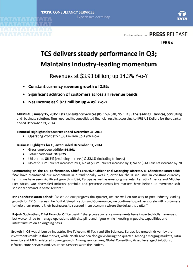 TCS med gode resultater i Q3