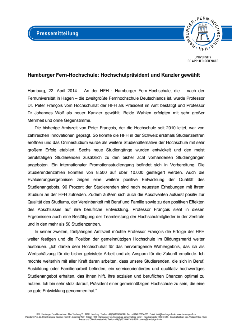Hamburger Fern-Hochschule: Hochschulpräsident und Kanzler gewählt