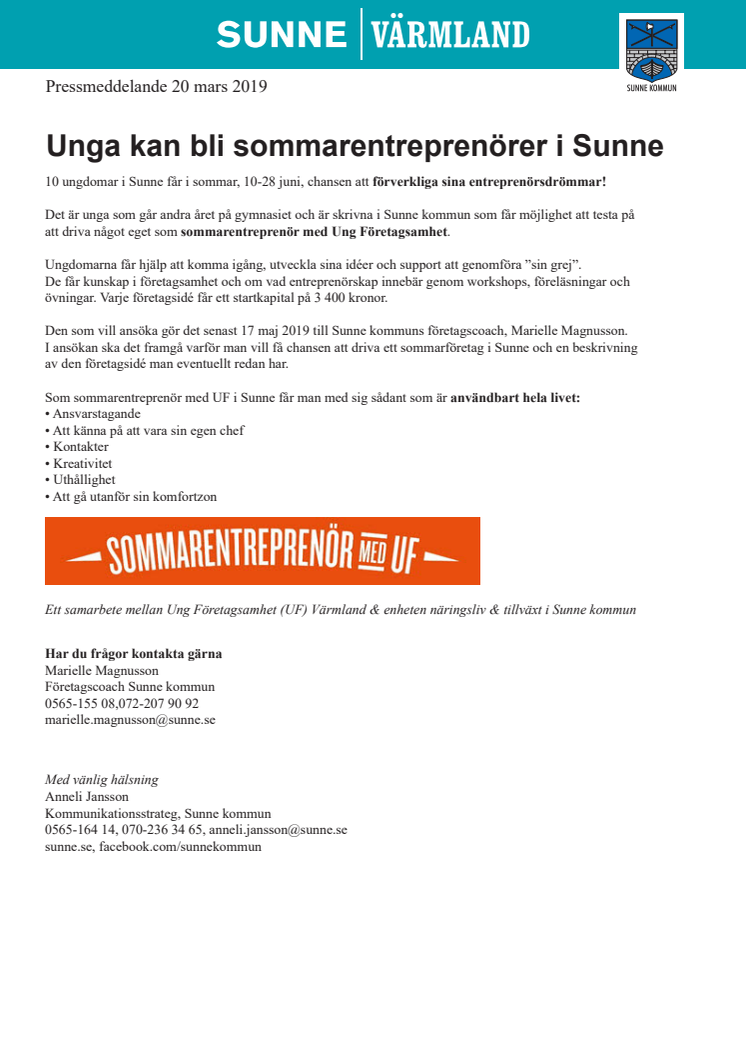 Unga kan bli sommarentreprenörer i Sunne