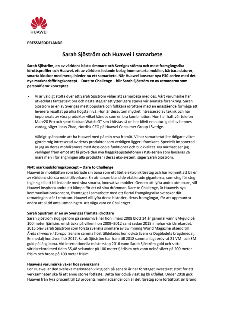 Sarah Sjöström och Huawei i samarbete