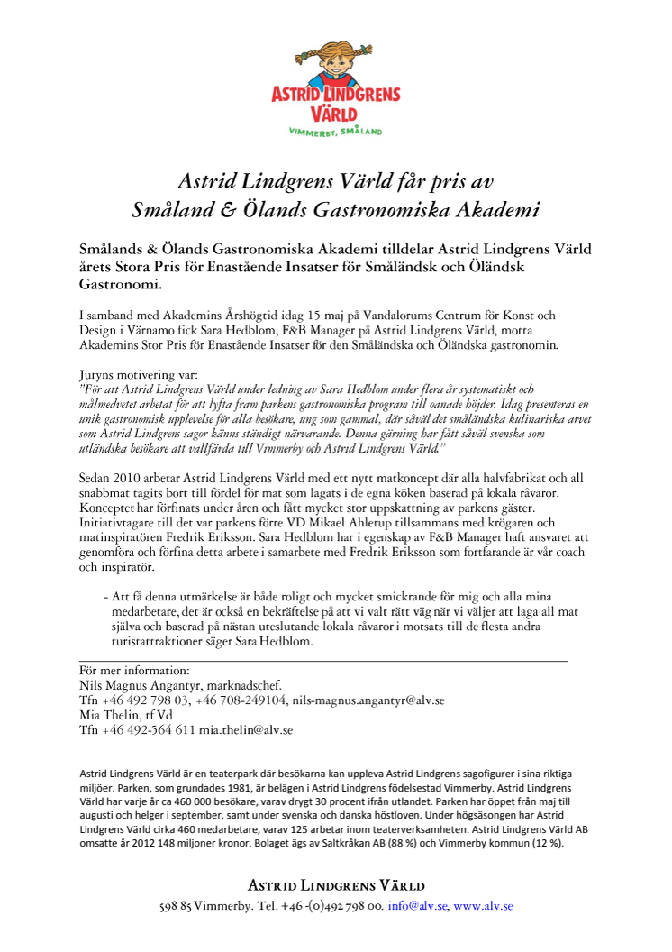 Astrid Lindgrens Värld får pris av  Småland & Ölands Gastronomiska Akademi