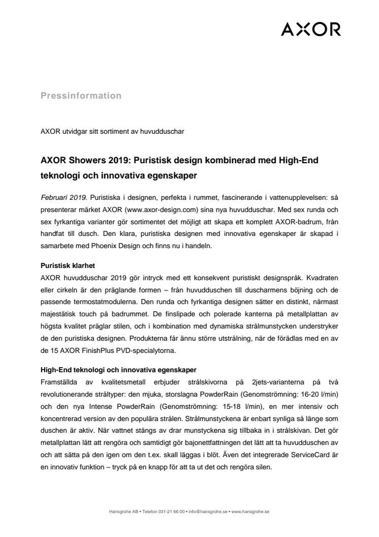 AXOR Showers 2019: Puristisk design kombinerad med High-End teknologi och innovativa egenskaper