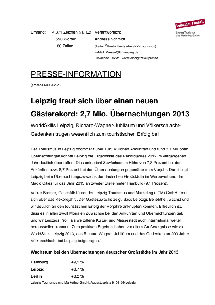 Leipzig freut sich über einen neuen Gästerekord: 2,7 Mio. Übernachtungen 2013