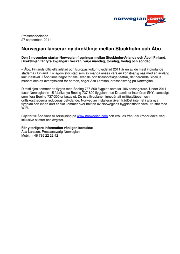 Norwegian lanserar ny direktlinje mellan Stockholm och Åbo
