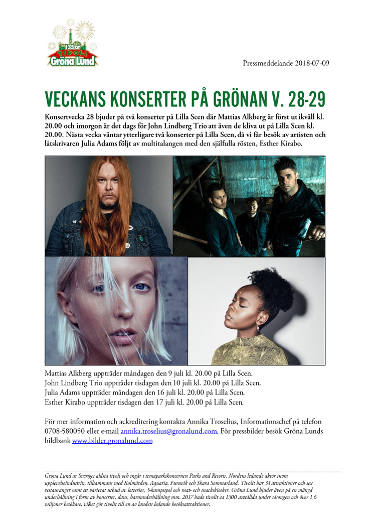 Veckans konserter på Grönan V. 28-29