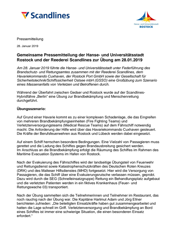 Gemeinsame Pressemitteilung der Hanse- und Universitätsstadt Rostock und der Reederei Scandlines zur Übung am 28.01.2019