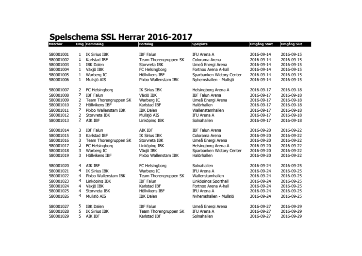 Spelschema SSL herr 2016/17