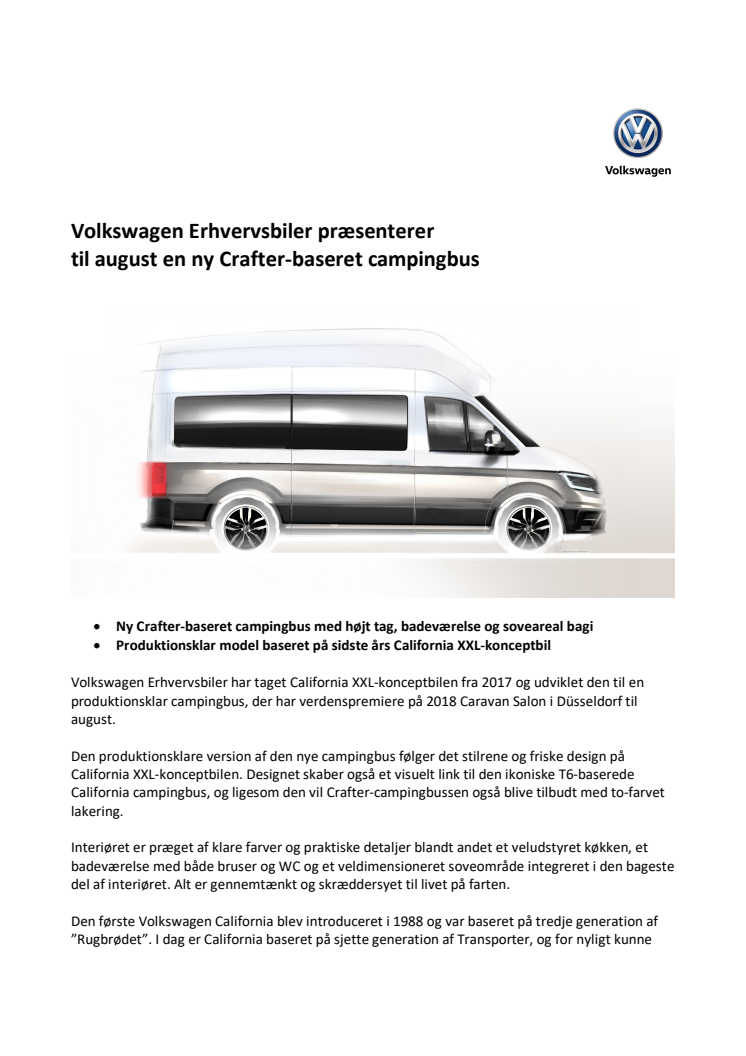 Volkswagen Erhvervsbiler præsenterer  til august en ny Crafter-baseret campingbus