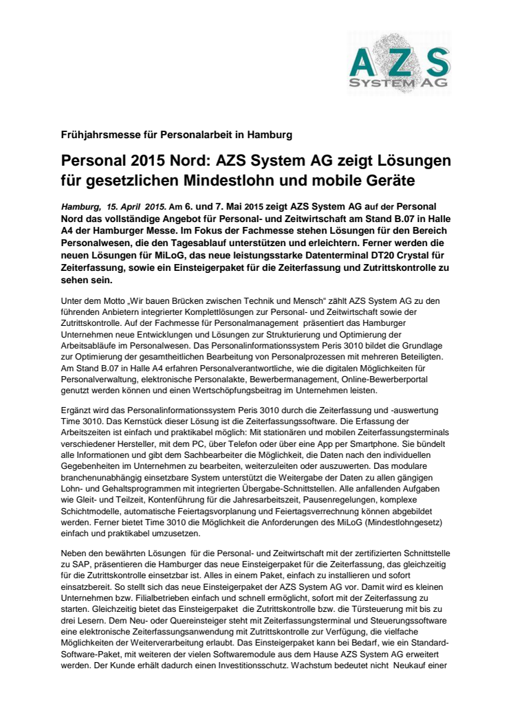 Personal 2015 Nord: AZS System AG zeigt Lösungen für gesetzlichen Mindestlohn und mobile Geräte