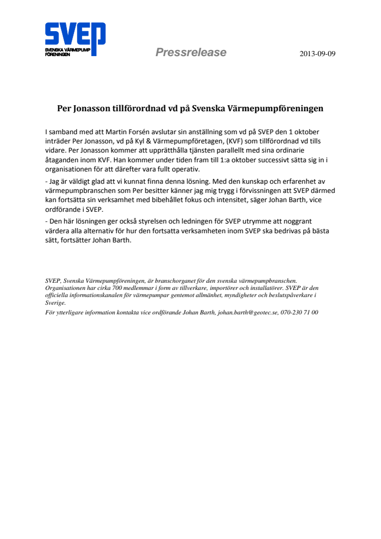 Per Jonasson tillförordnad vd på Svenska Värmepumpföreningen