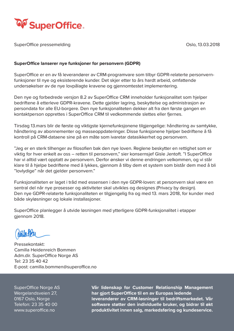 SuperOffice lanserer nye funksjoner for personvern (GDPR)
