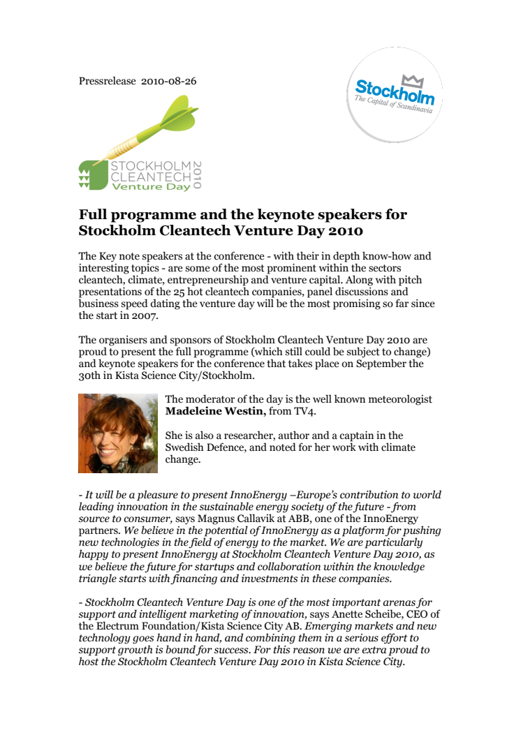 Full programme and the keynote speakers for Stockholm Cleantech Venture Day 2010