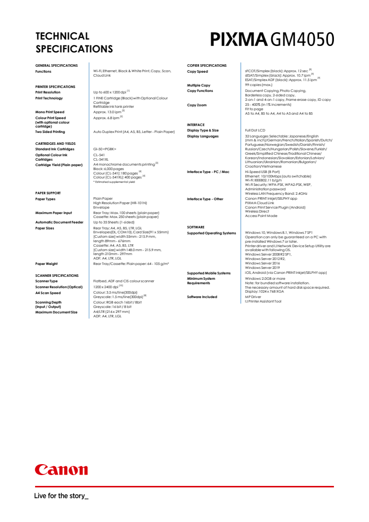 Canon Tekniska specifikationer PIXMAGM4050.