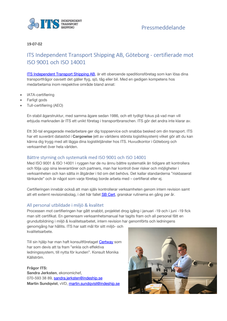 ITS Independent Transport Shipping AB, Göteborg - certifierade mot ISO 9001 och ISO 14001 
