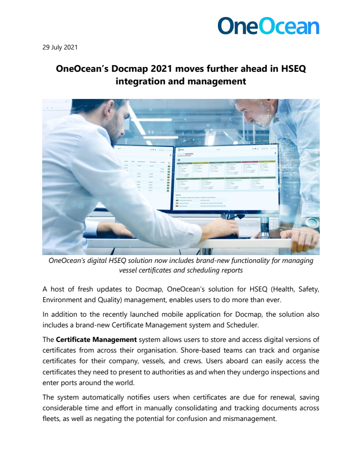 OneOcean’s Docmap 2021 moves further ahead in HSEQ integration and management