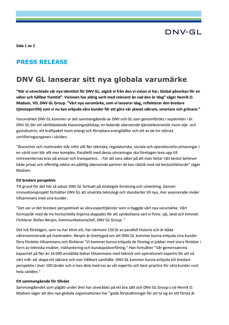 DNV GL lanserar sitt nya globala varumärke