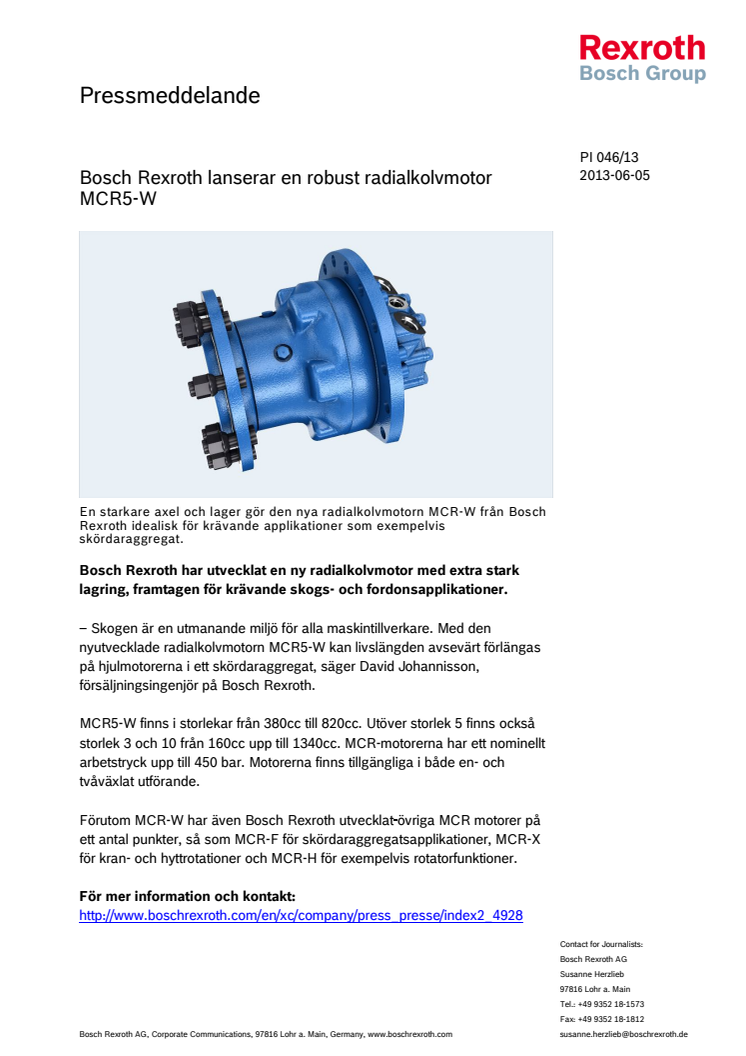 Bosch Rexroth lanserar en robust radialkolvmotor MCR5-W