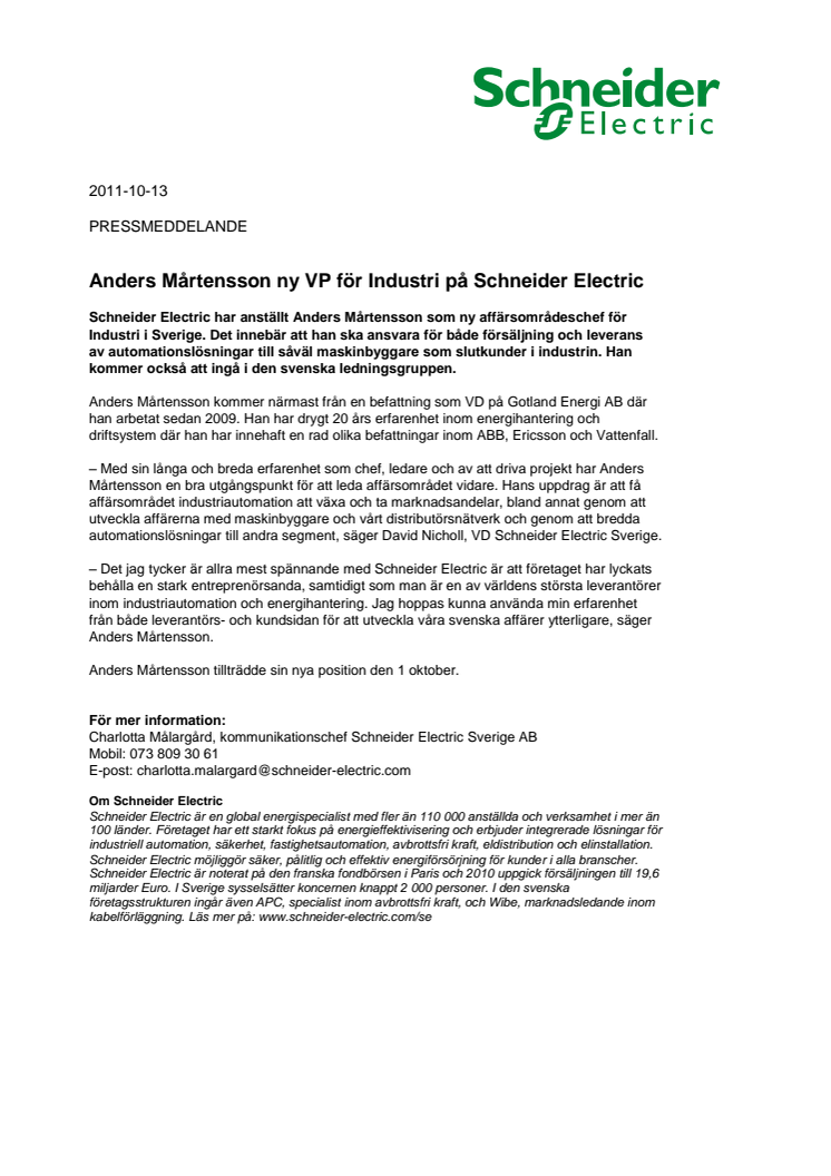 Anders Mårtensson ny VP för Industri på Schneider Electric