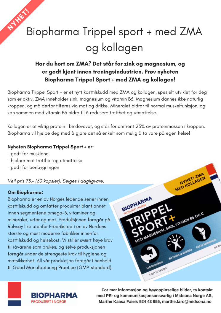 Nyhet! Biopharma Trippel sport + med ZMA og kollagen