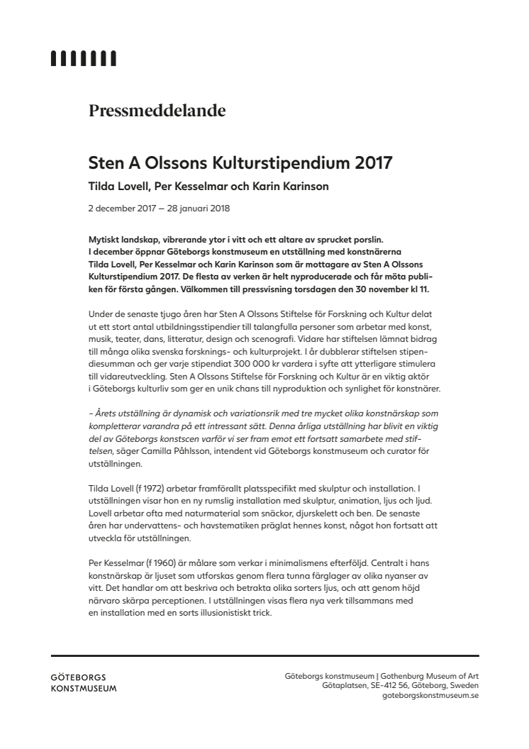 Påminnelse: Pressvisning av Sten A Olssons Kulturstipendiater 2017 