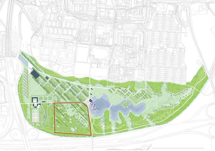 Lindängelund illustrationsplan med millennieskogen markerad