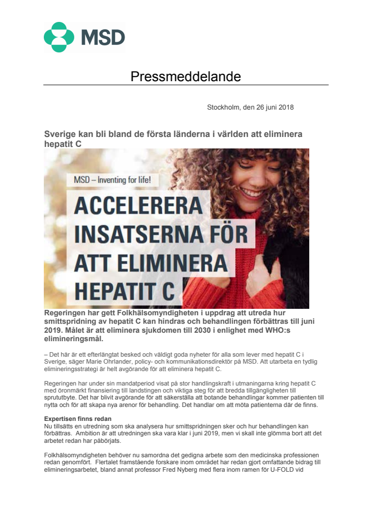 Sverige kan bli bland de första länderna i världen att eliminera hepatit C