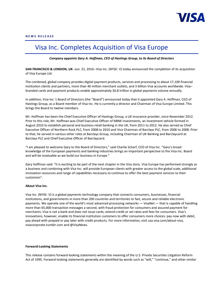 Visa Inc. Completes Acquisition of Visa Europe