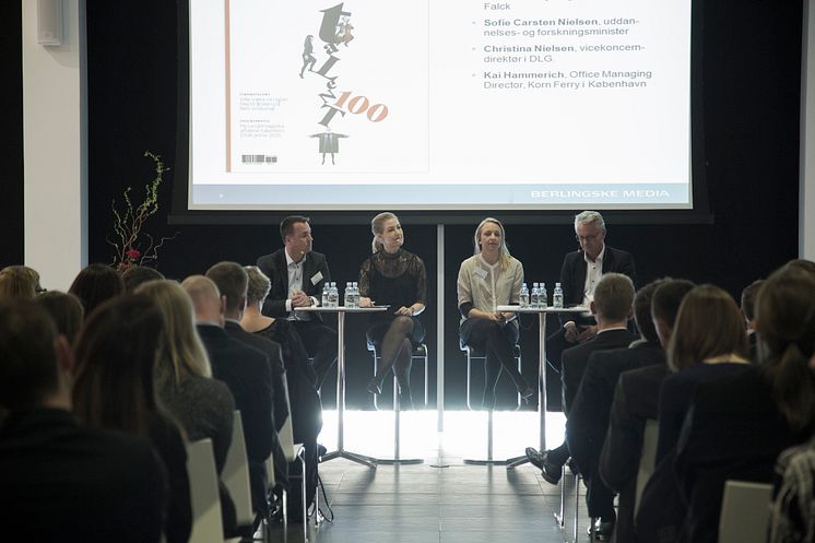 Berlingske Talent 100 fra 2015 - panel med Niels Thorup (Falck), Sofie Carsten Nielsen (uddannelses- og forskningsminister), Christina Nielsen (DLG), Kai Hammerich (Korn Ferry)