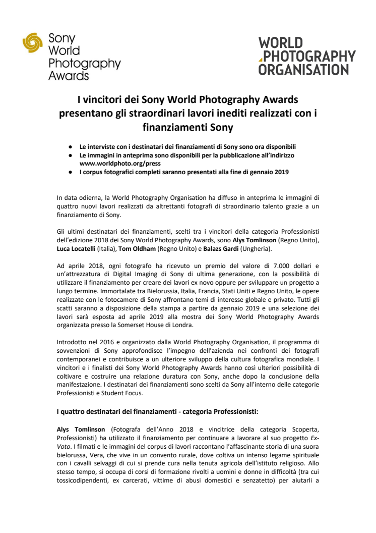 I vincitori dei Sony World Photography Awards presentano gli straordinari lavori inediti realizzati con i finanziamenti Sony 
