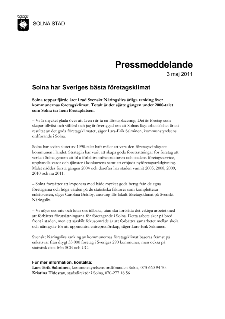 Solna har Sveriges bästa företagsklimat 